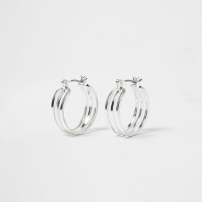 Silver tone three row mini hoop earrings